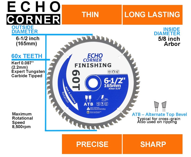 Echo Corner 6-1/2 Inch Ciruclar Saw Blade Heavy Duty 24T/60T Combo Pack, Fast Finishing Fine Cut Crosscut Framing Ripping Laminate Plywood Plastic Lumber, 5/8" Arbor - Image 2